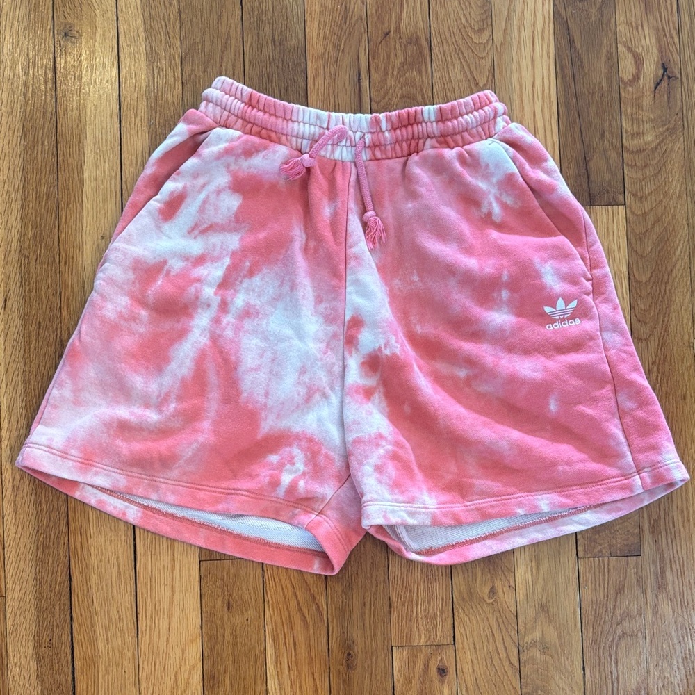 adidas Women's Pink and White Tie-Dye Athletic Shorts